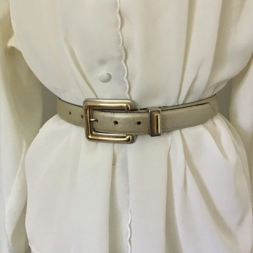 Vintage Creamy Metallic Leather Belt Mixed Metals Gold Silver Buckle - Small